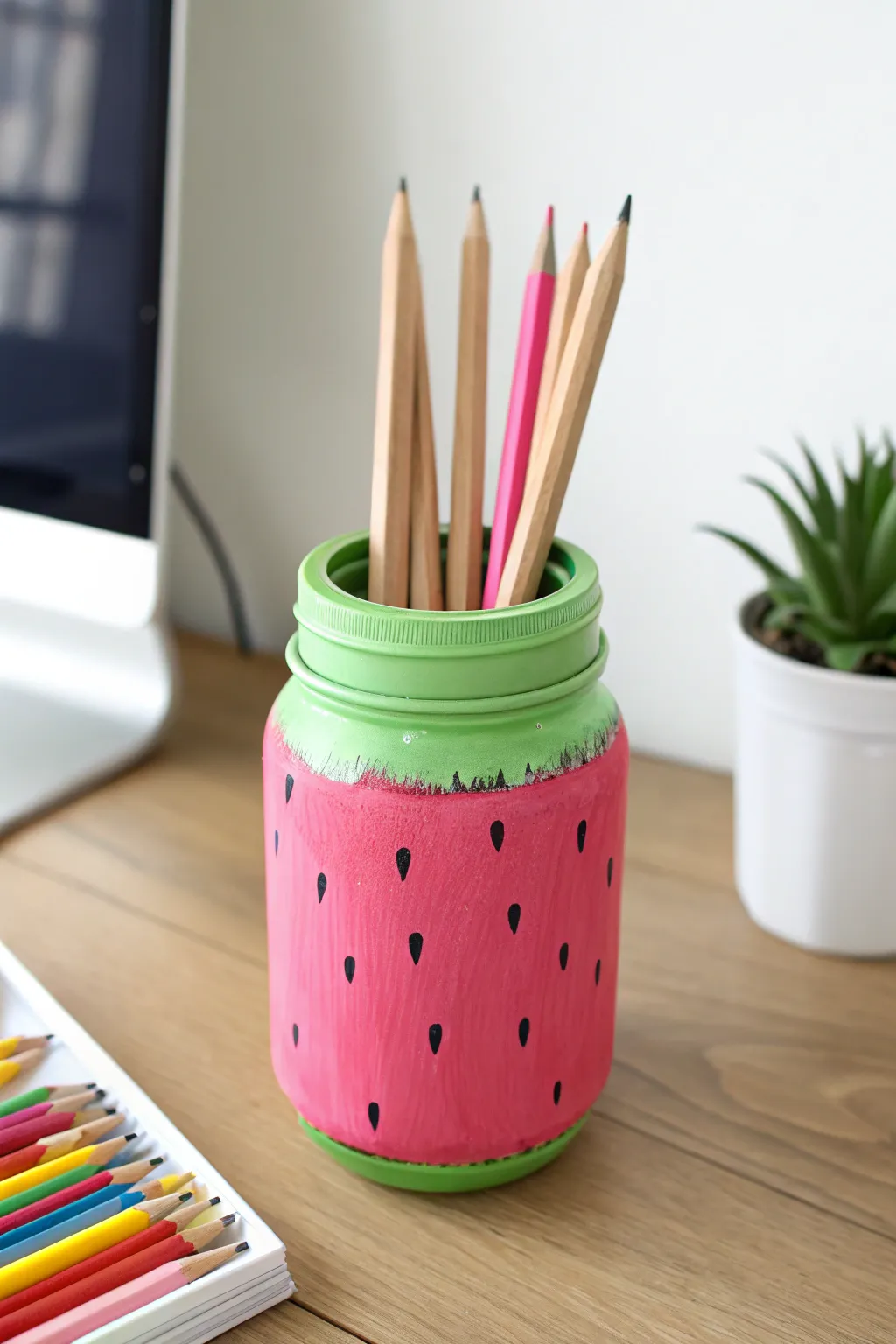 Add a fruity pop of color to your workspace with this cute DIY watermelon jar organizer.