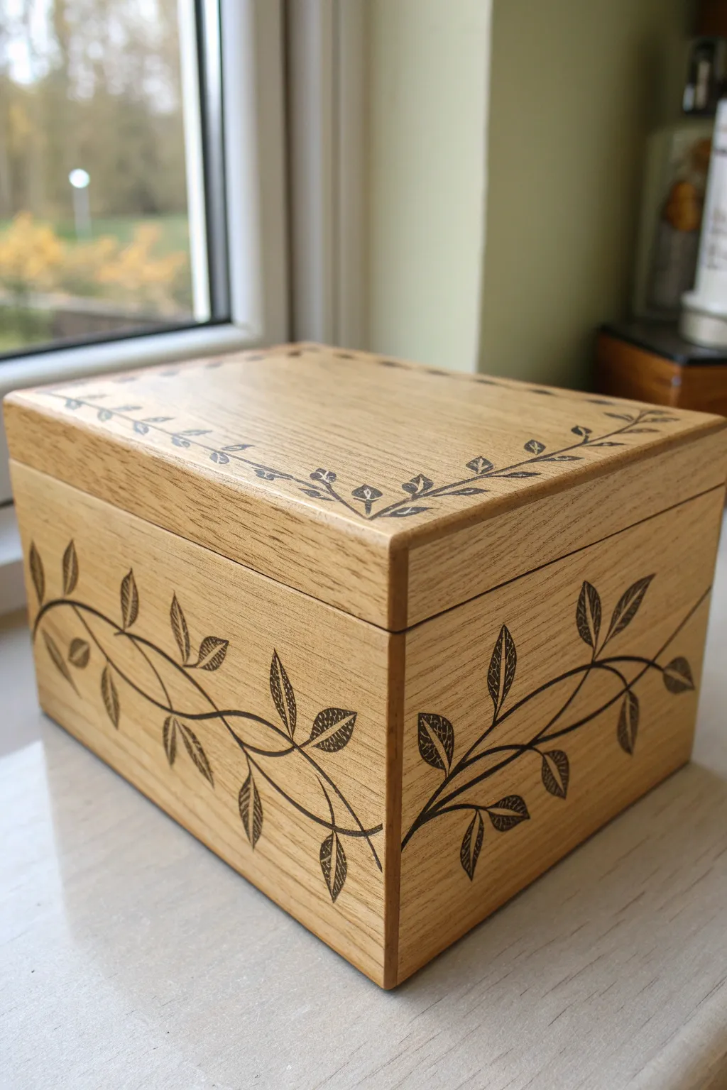 Vine-and-leaf wraparound jewelry box design with crisp brush details and calm Nordic style
