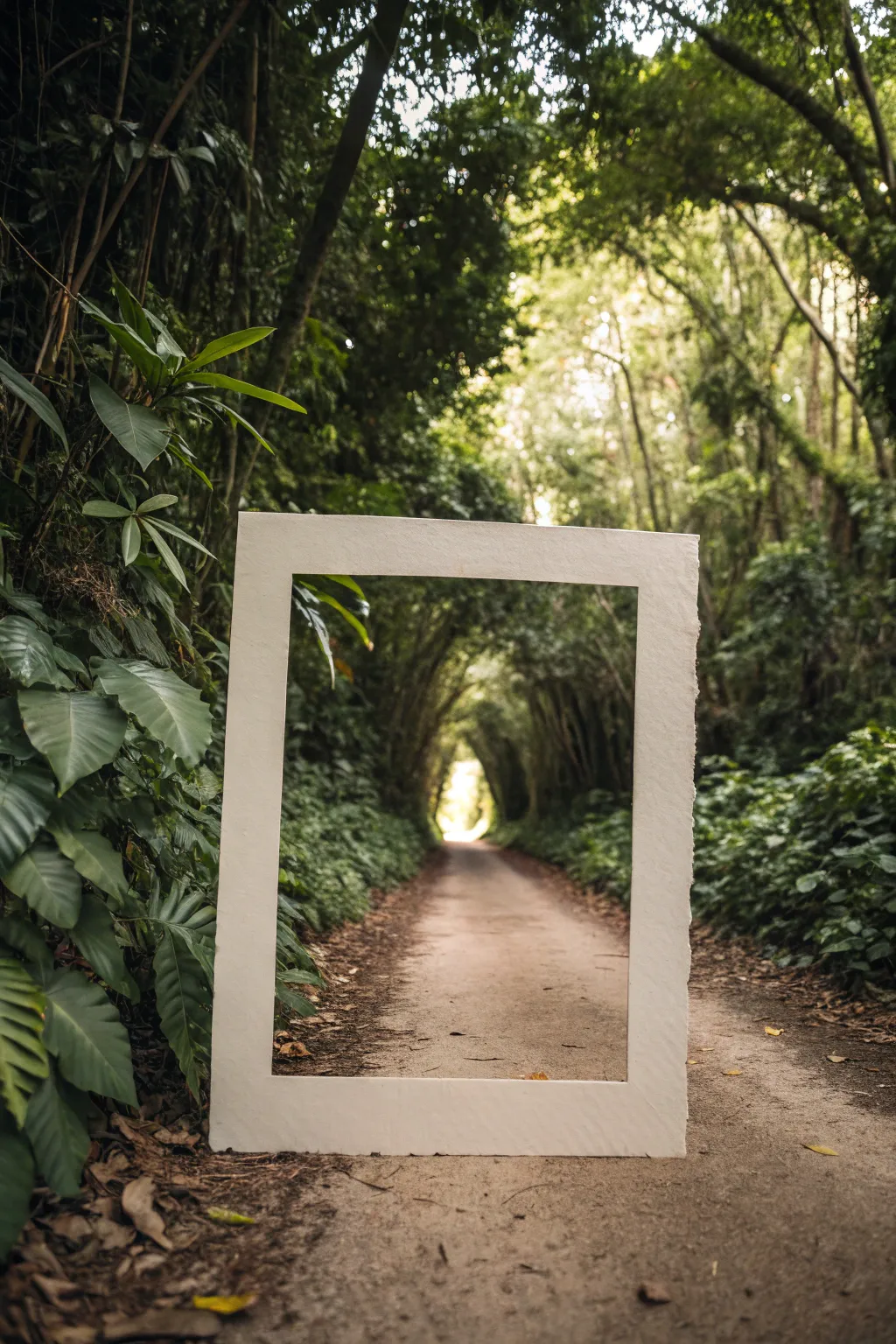 Minimal jungle pathway painting idea with arching leaves, soft light, and moody green contrast