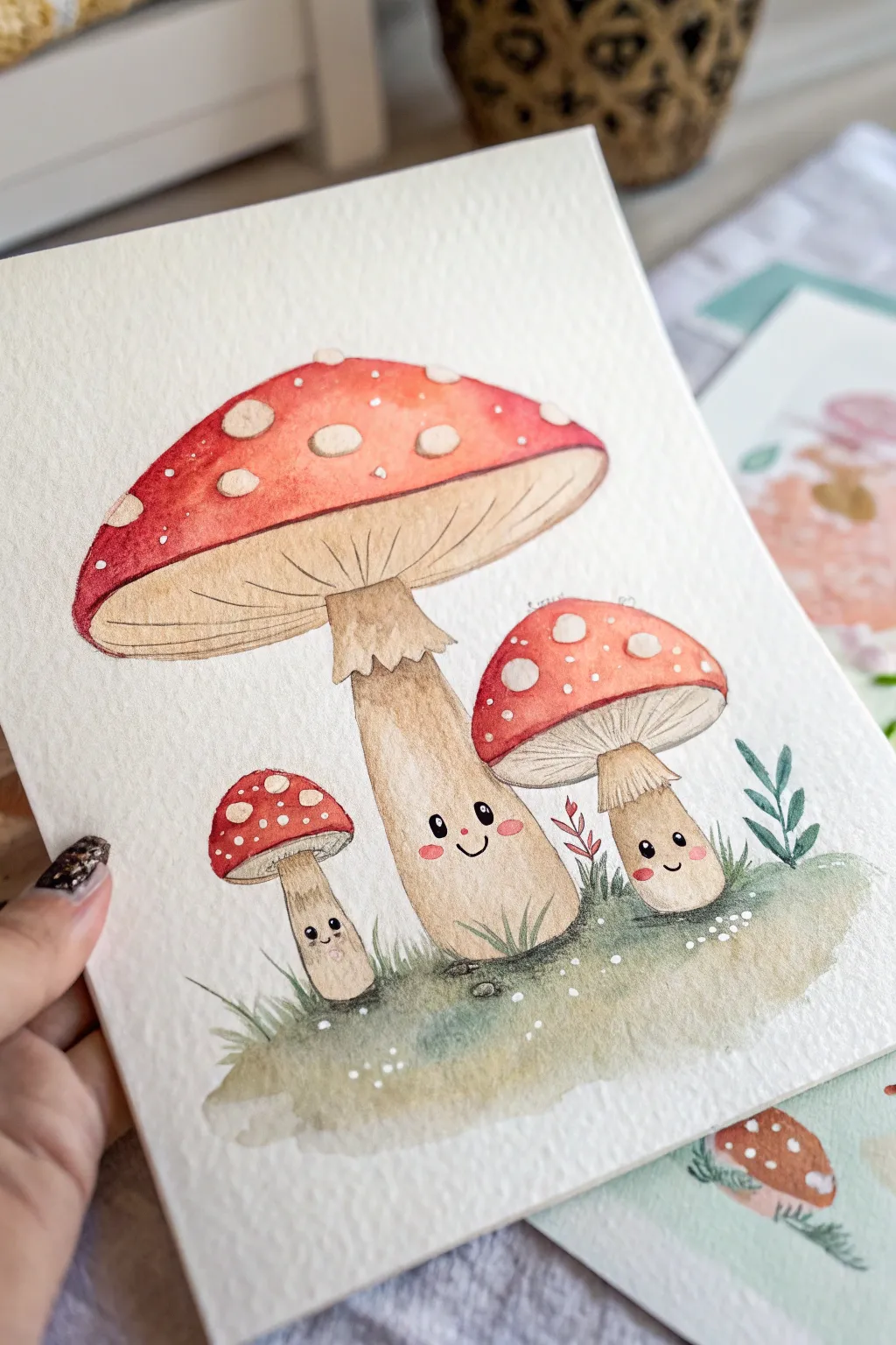 Two kawaii mushrooms in tiny boots, warm reds on a mint pastel wash for cozy minimal charm.