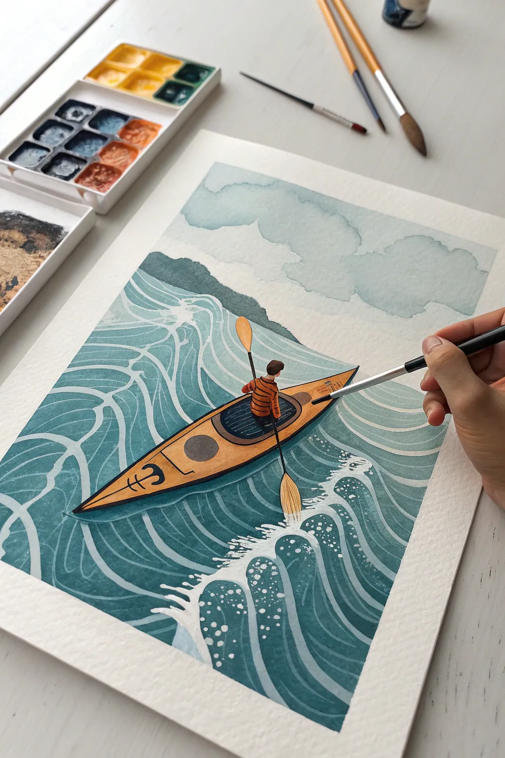 Minimalist ocean kayak painting with rolling waves and rhythmic brushstrokes in soft boho tones