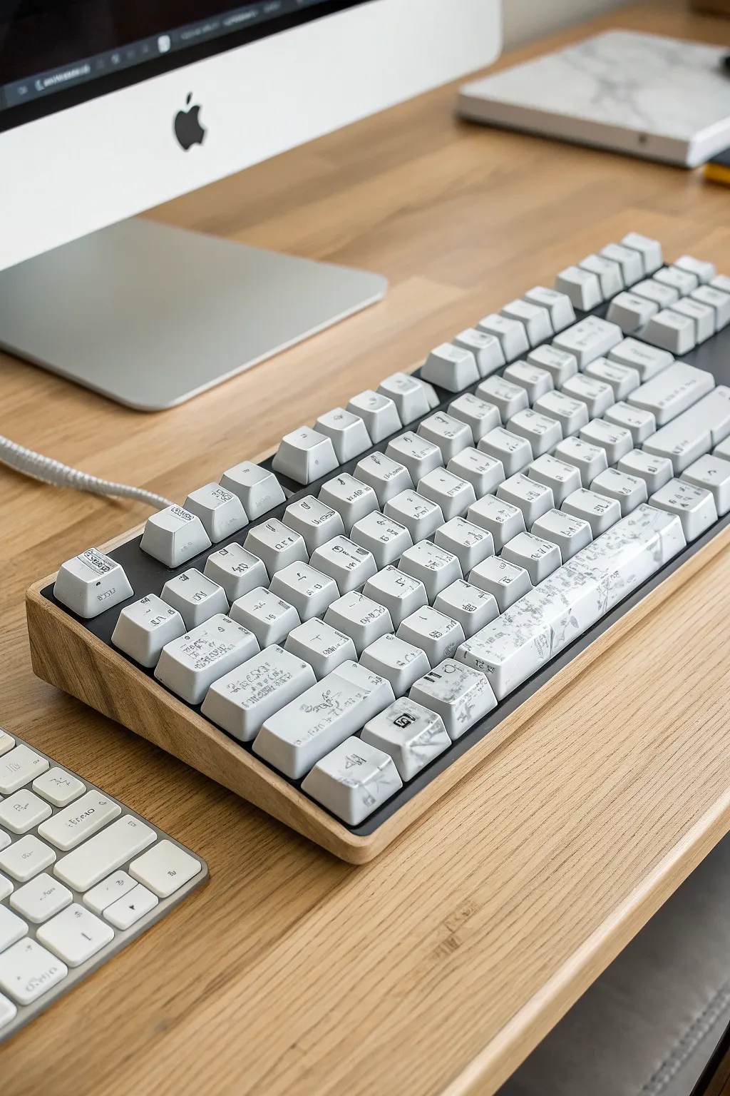Transform your workspace with these sophisticated faux marble painted keycaps for a chic Scandi vibe.