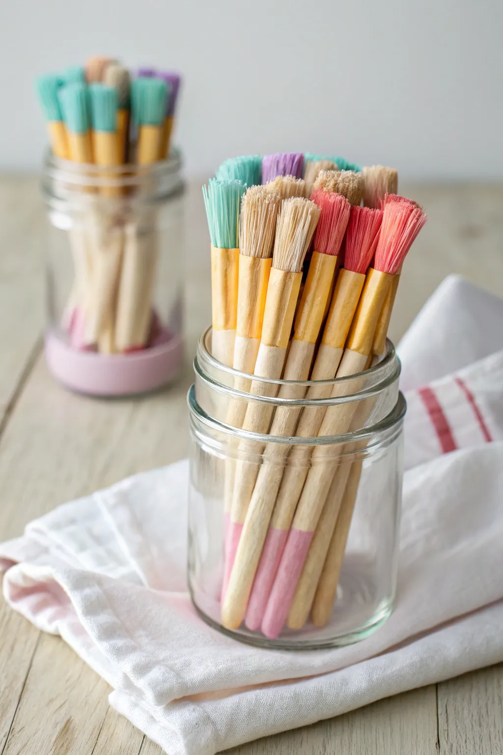 Minimalist party dessert detail: paintbrush treats in a glass jar, bright bristles, boho chic
