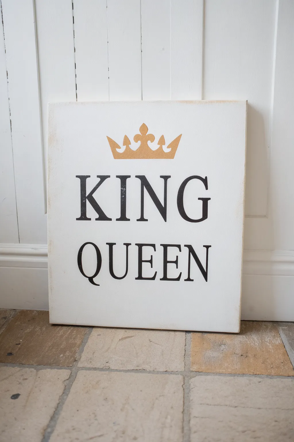 Minimal King and Queen typography canvas with gold crowns, perfect for modern royal decor