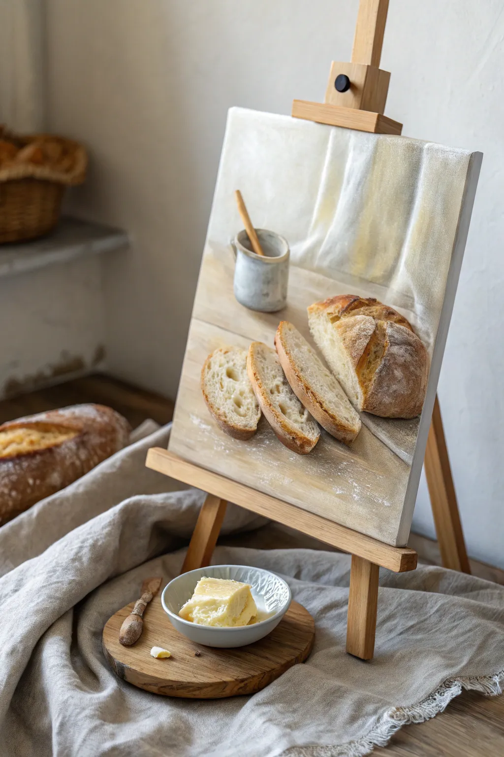 Fresh bread and butter still life canvas, warm morning light and minimalist Scandinavian calm