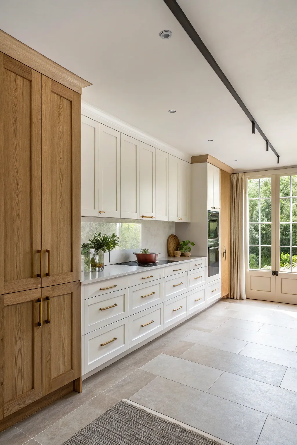 Extend uppers to the soffit line for a cleaner wall and extra storage in a calm kitchen.