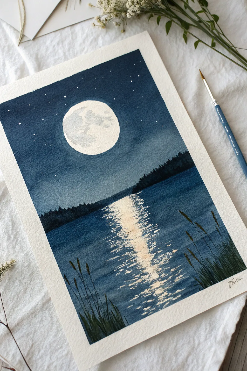 Minimal moonrise over a still lake, with a single glowing reflection for calm contrast.