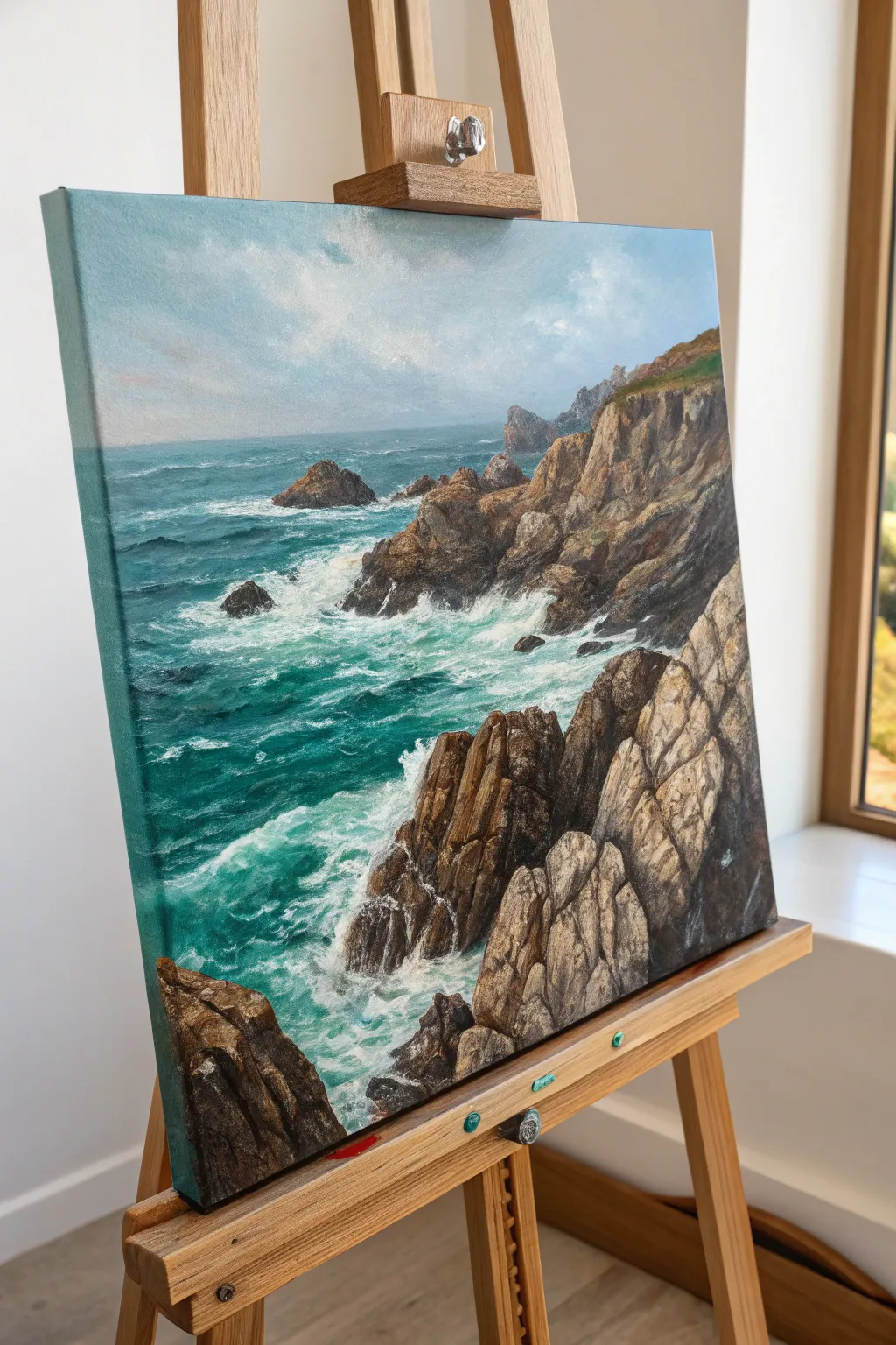 Bold impasto rocky coast oil painting, thick textures and crisp contrast for coastal inspo.
