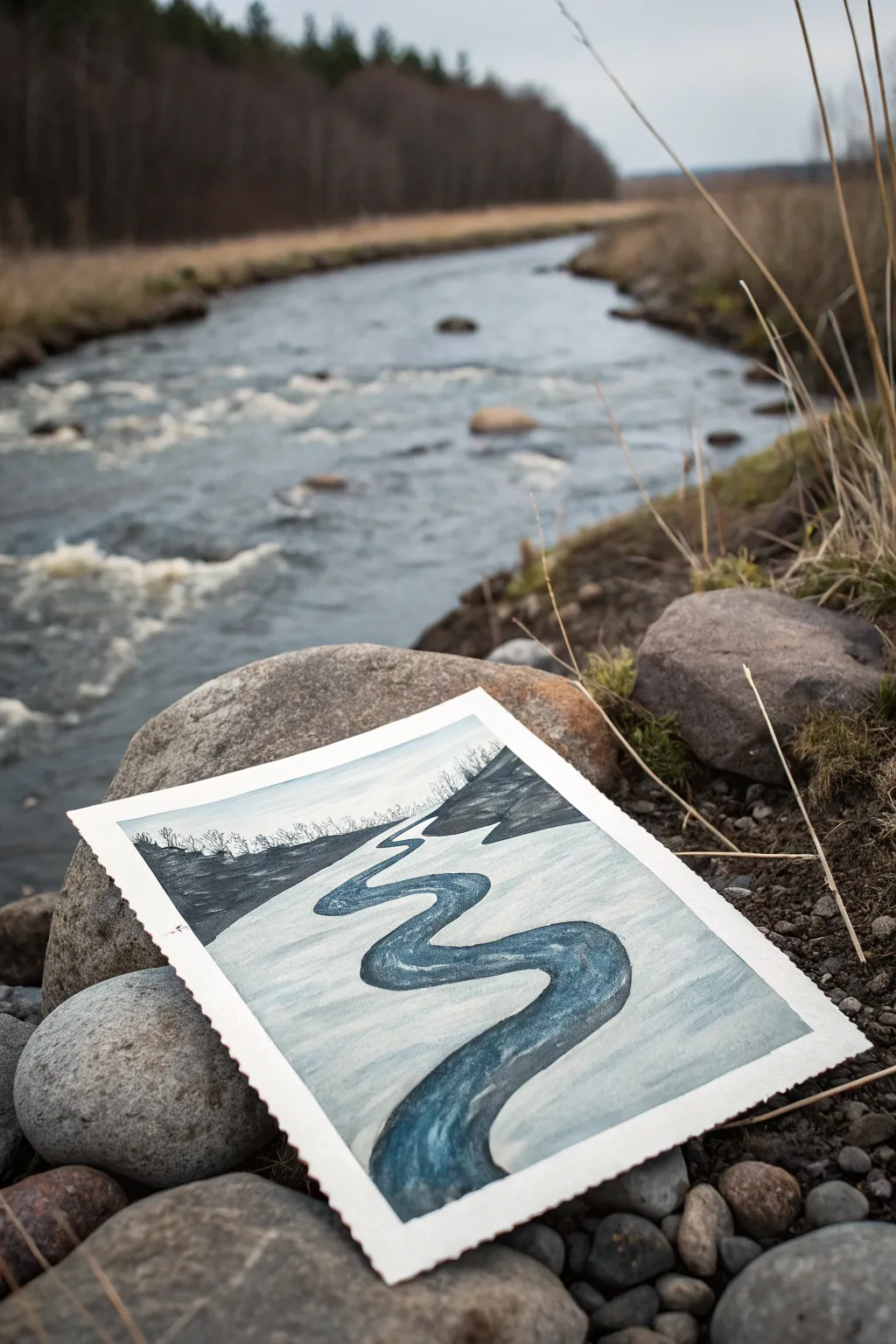 River bend painting idea: minimal composition with lively strokes for a fast, flowing current.