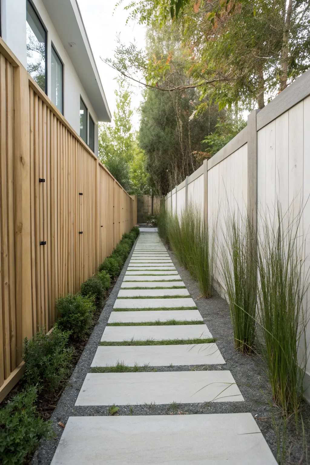 Turn a narrow side yard into a serene runway with repeating lines and lush vertical greens.