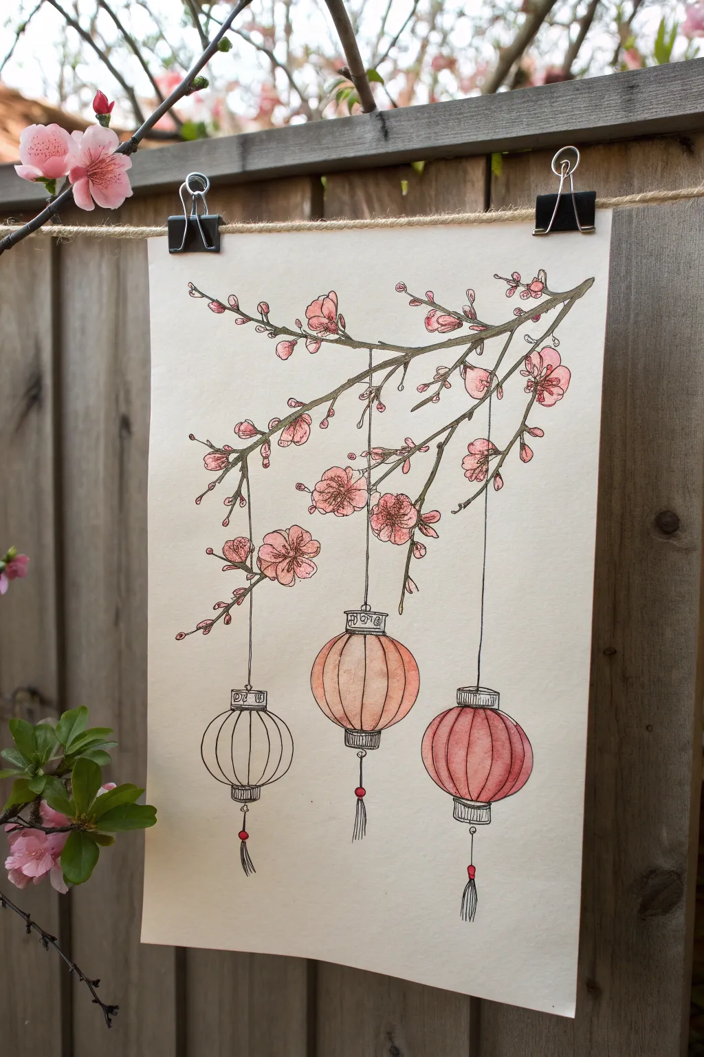 Bold round lanterns on a soft flowering branch, minimalist lines with gentle boho warmth