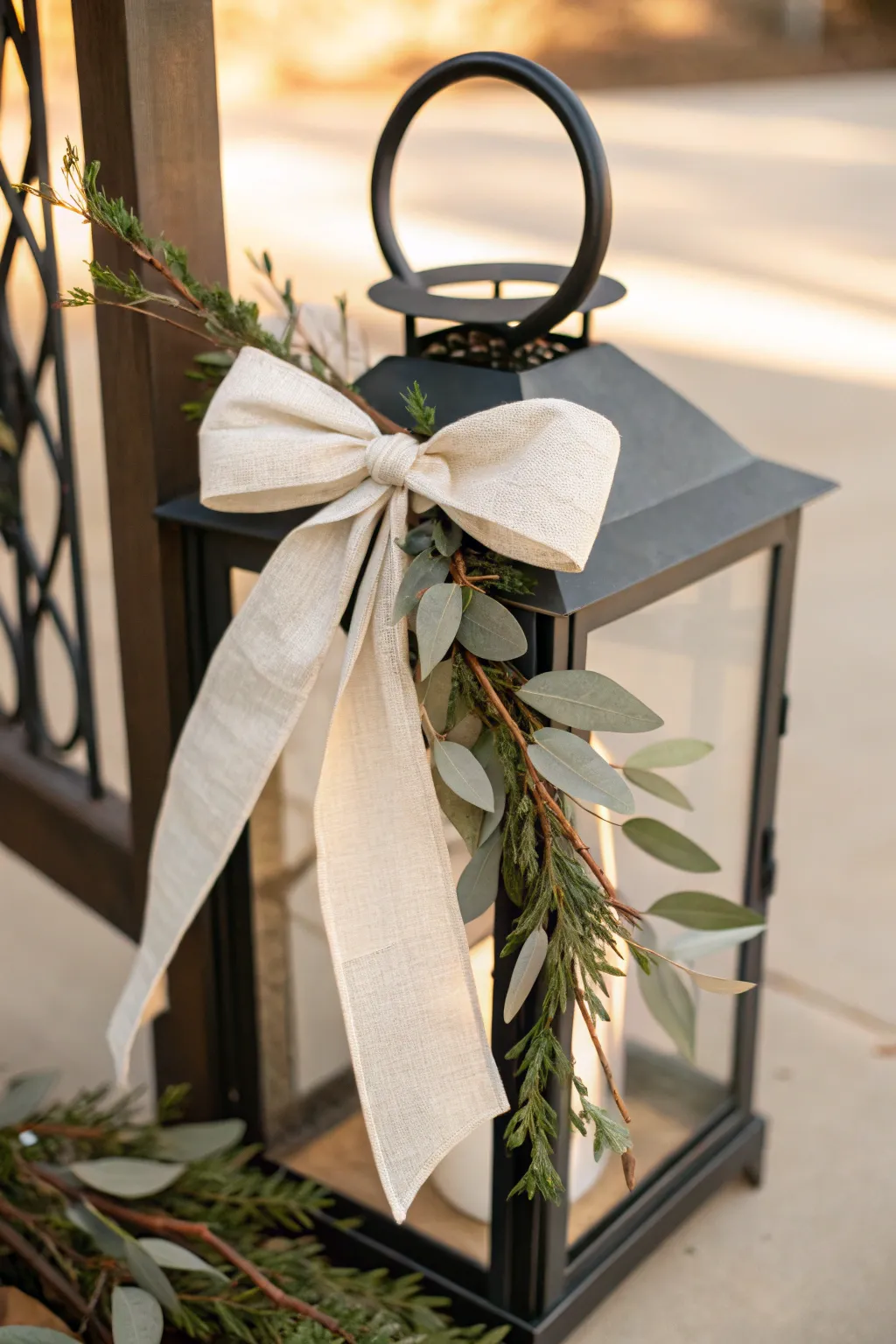 Soft linen bow and fresh greenery elevate a lantern handle with warm minimalist charm