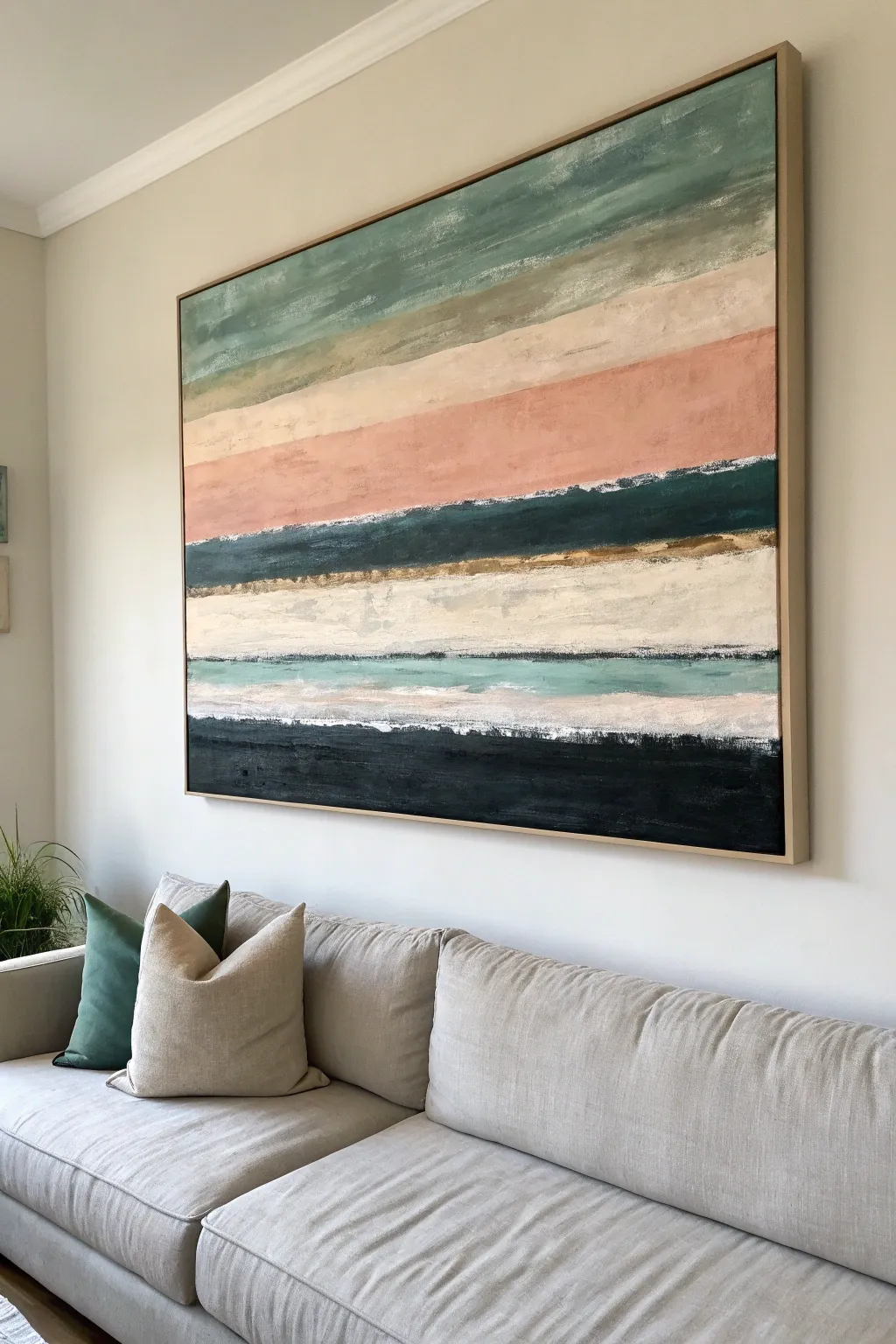Abstract horizon bands on a large canvas to make a room feel wider and calmer today.