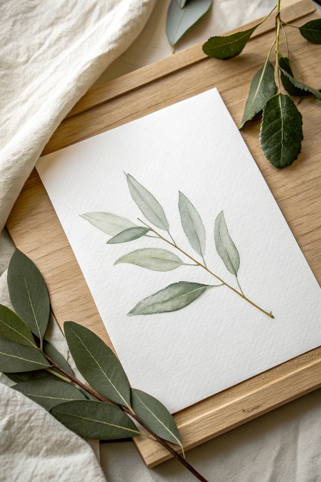 Watercolor leaves from real life: a real leaf beside a simple painted study on clean paper