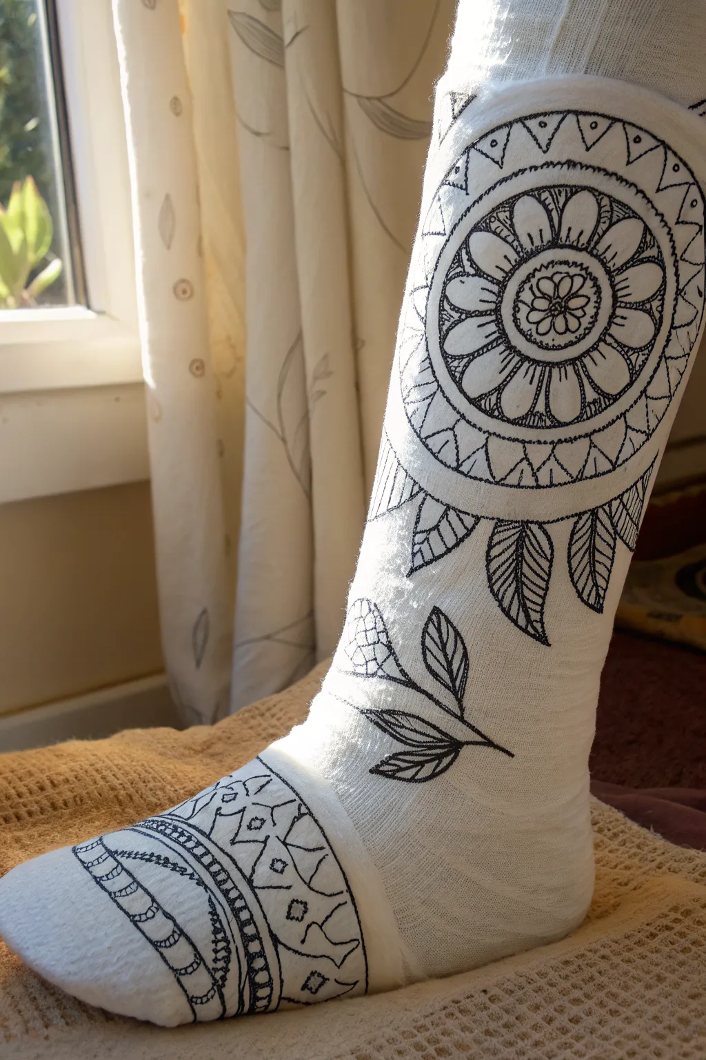 Minimal mandala linework transforms a plain leg cast into an elegant, boho-inspired wrap design