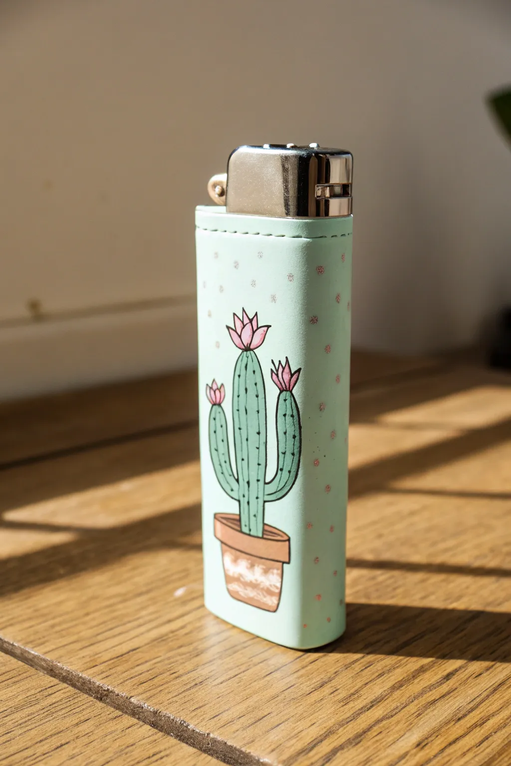 Paint a sweet cactus column on a lighter, simple dots and a tiny bloom, on warm wood.