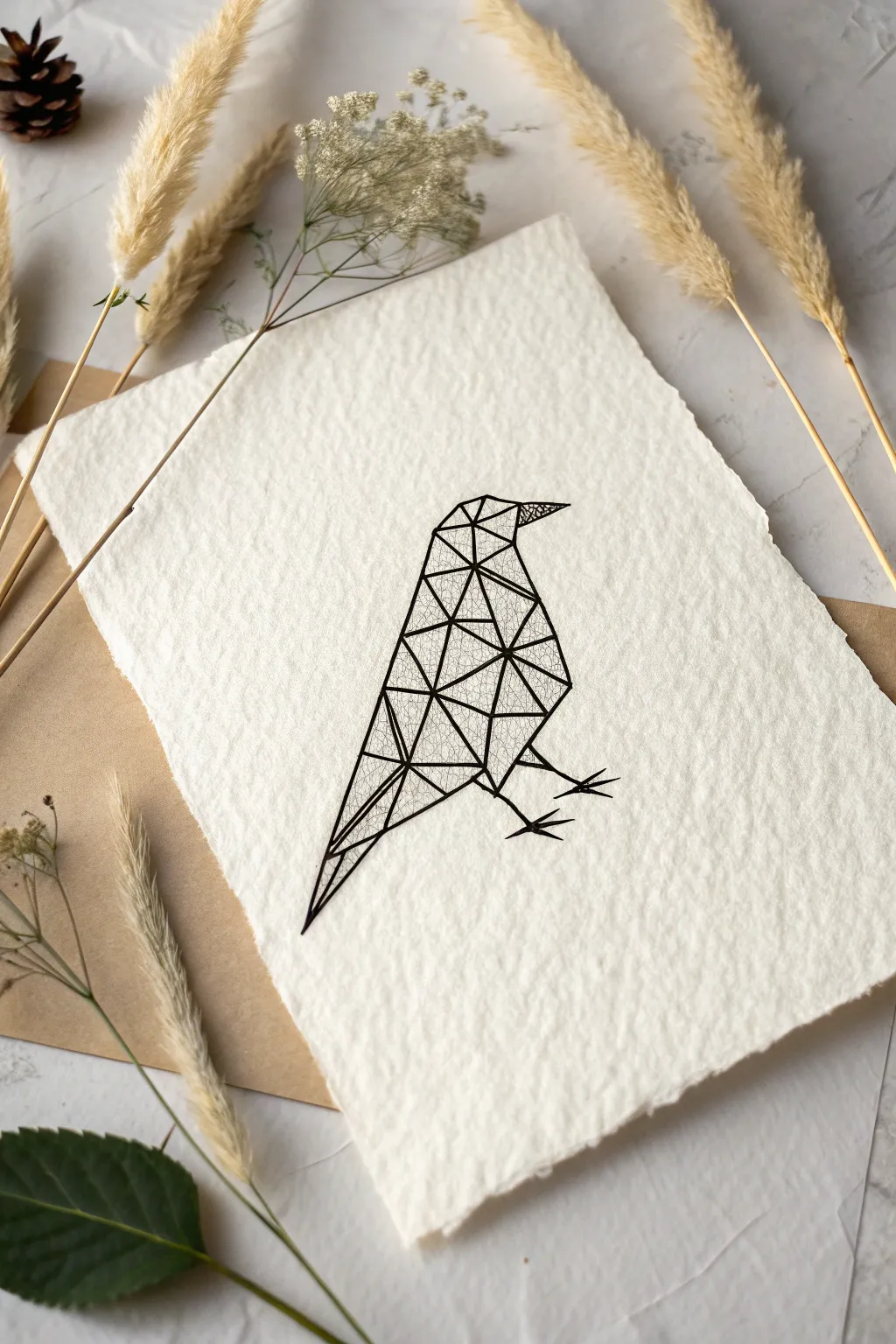 Crisp geometric bird line painting in black ink, minimalist Scandinavian style on a pale backdrop.