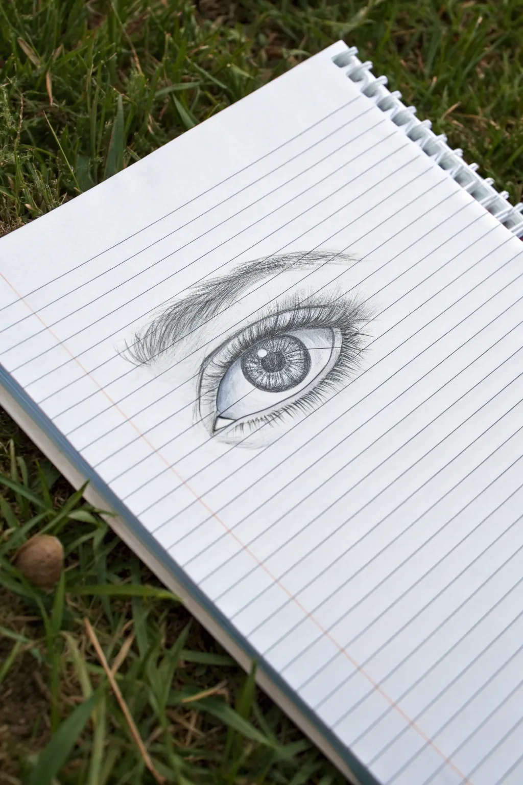 A graphite eye peeks between blue rules, turning simple lined paper into a bold depth illusion.