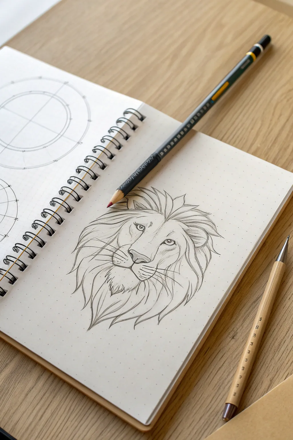 Lion head construction lines practice in three stages, clean minimal pencil sketch for beginners