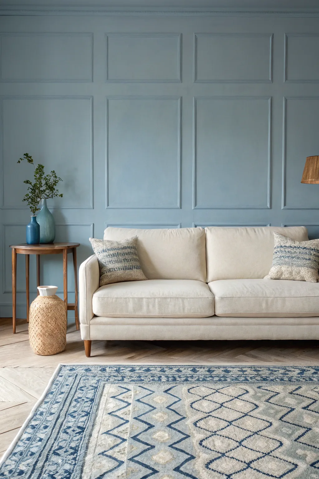 Dusty blue walls meet a warm neutral sofa, creating a calm, balanced living room palette.