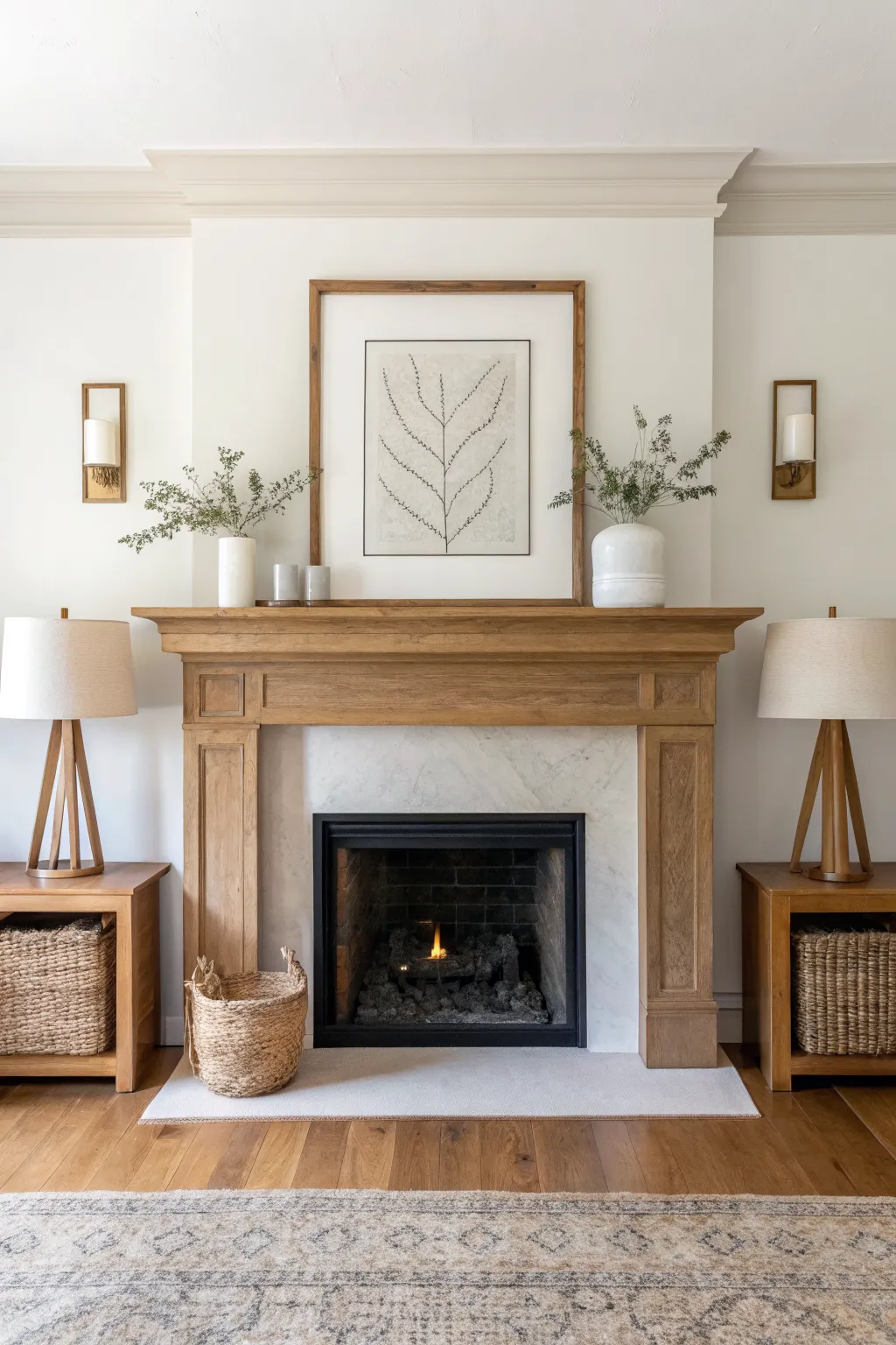 Symmetry made simple: a centered fireplace vignette with matching lamps for calm balance