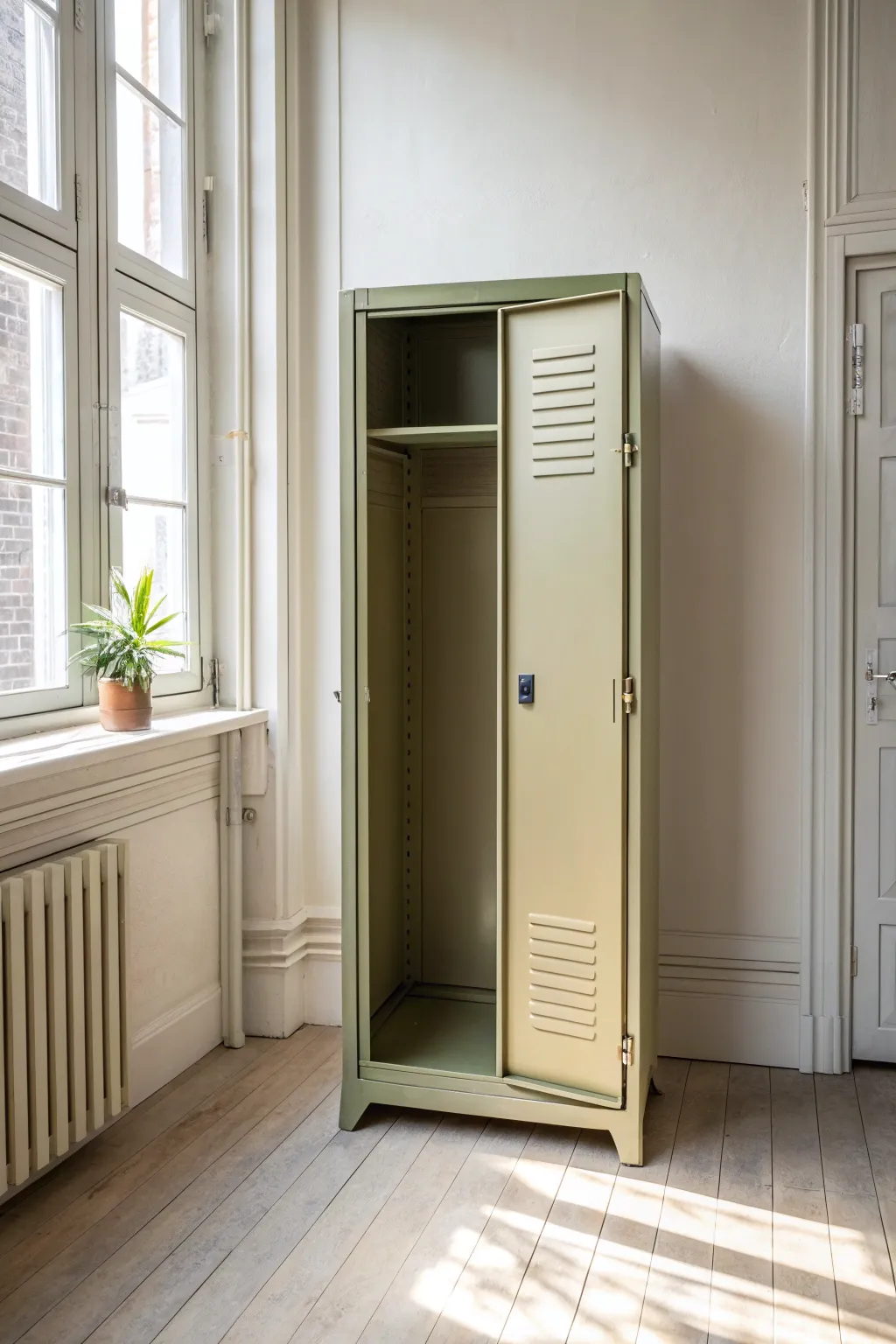 Two-tone locker makeover: sandy beige outside, sage inside, styled with tidy towels and brushes