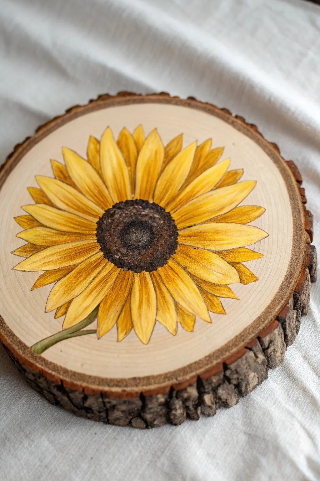 Sunflower burst on a log round with bold petals, rich center detail, and rustic bark edge