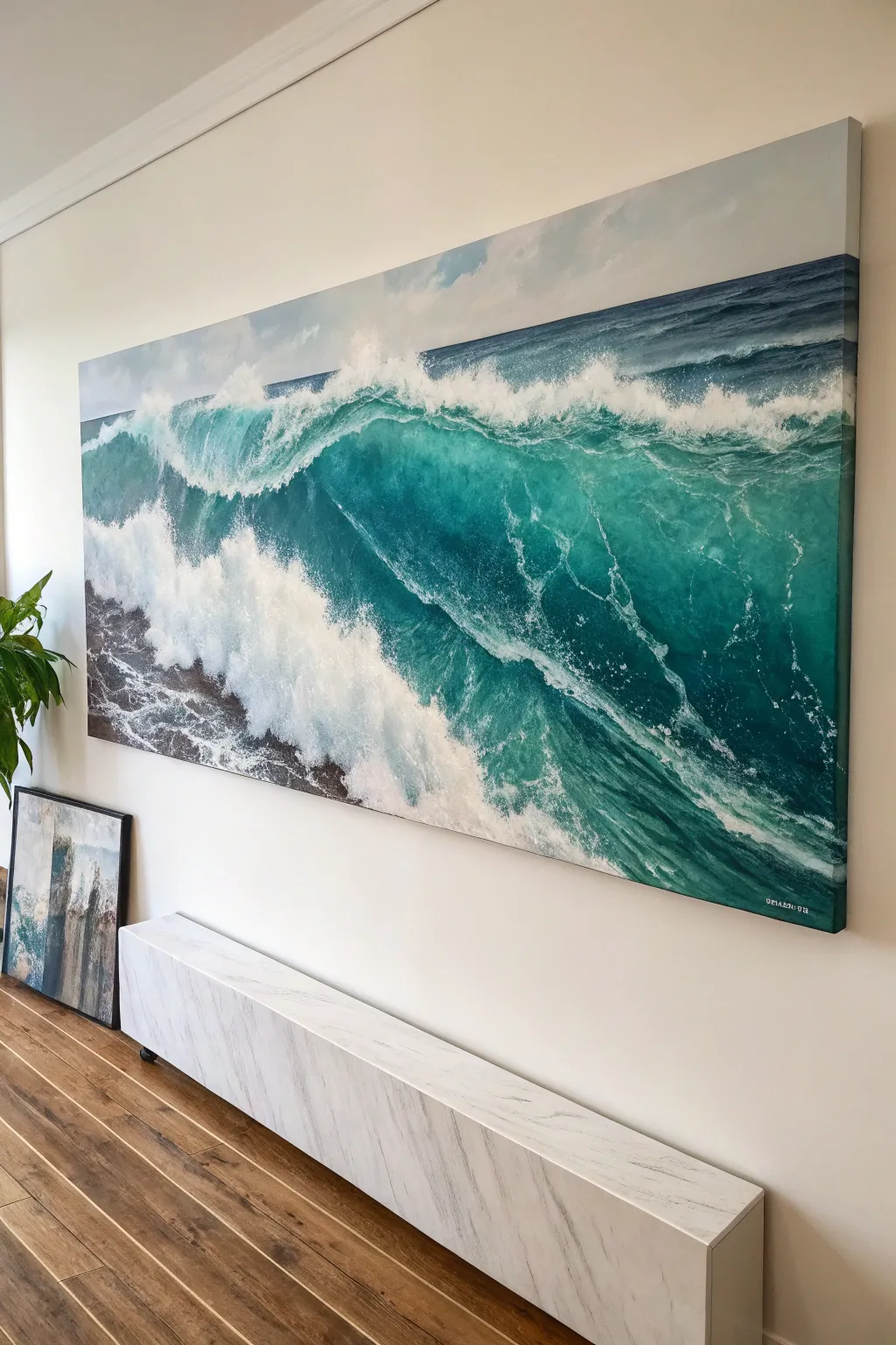 Ocean wave rhythm across a wide canvas, minimal blue-green swells with crisp foamy highlights.