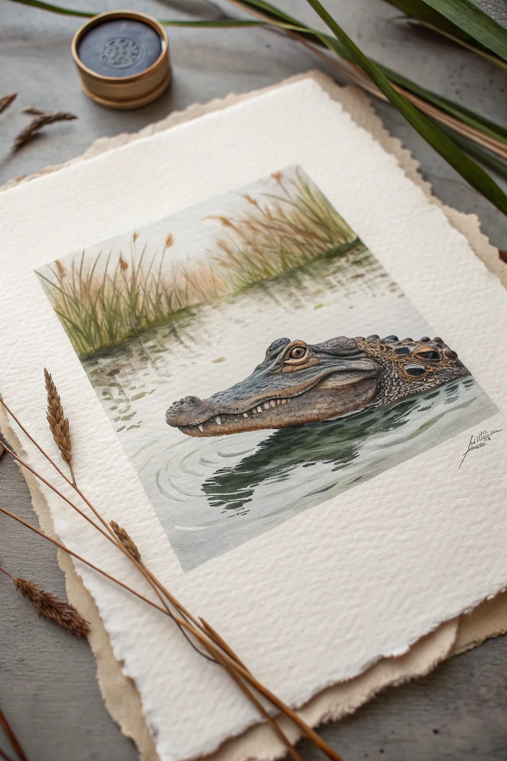 Draw a calm Louisiana swamp alligator with simple ripples and reeds in soft earthy tones.
