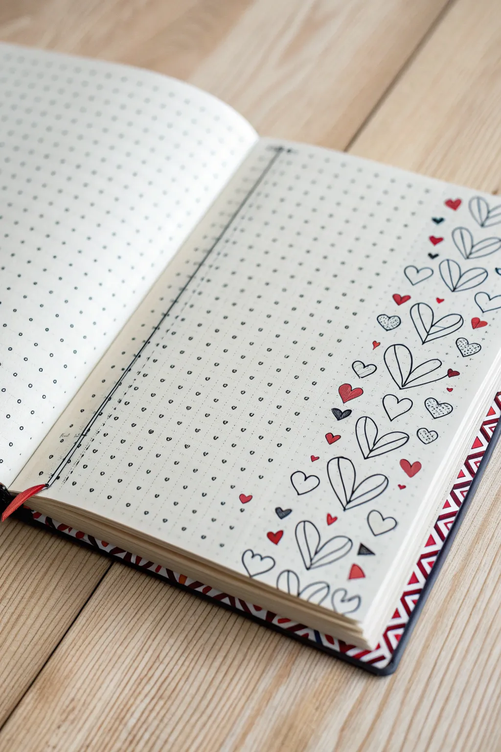 Cozy sketchbook warm-up: tiny heart patterns in ink with soft red accents, crisp and playful.