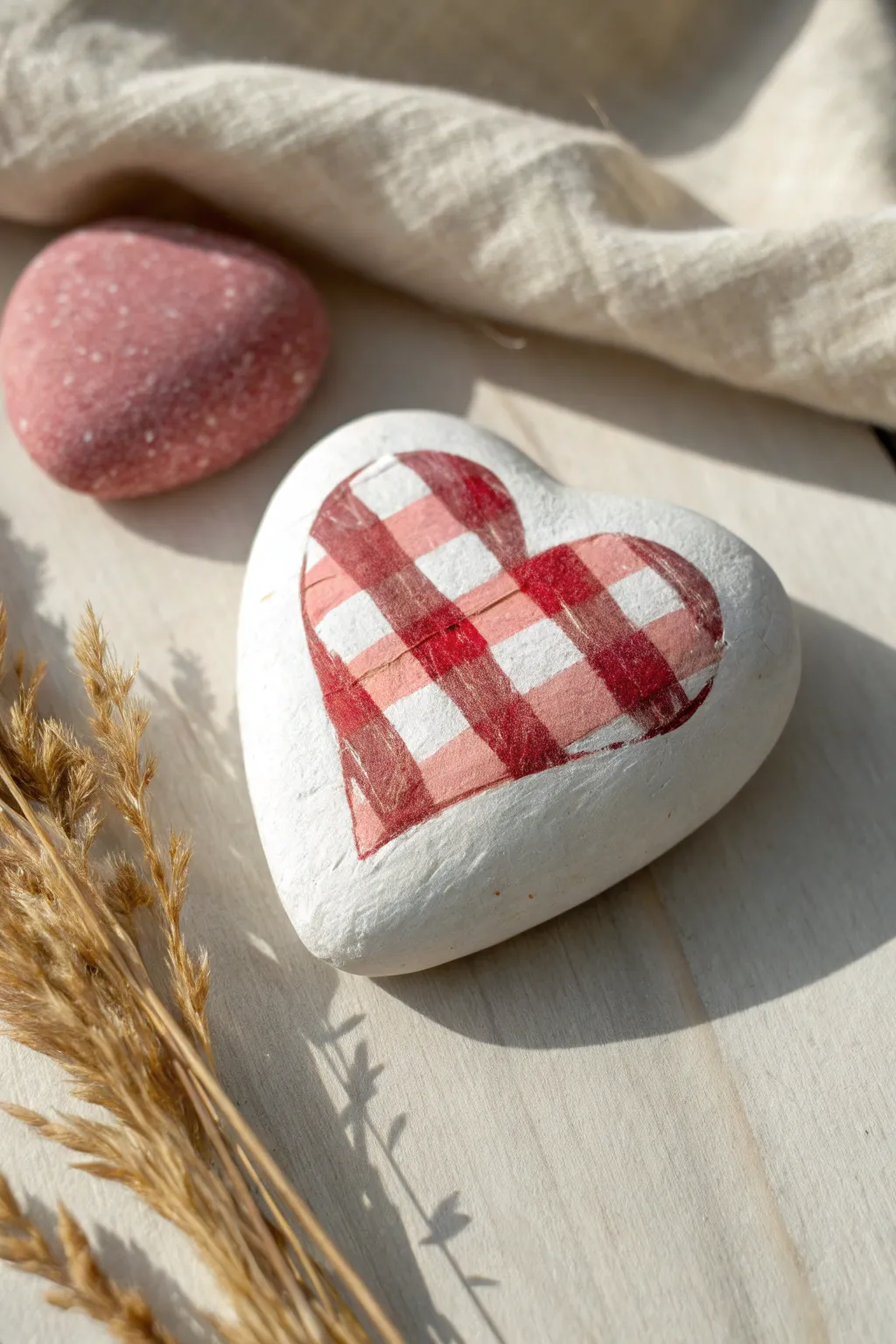 Plaid heart rock painting inspo: crisp check pattern with a simple solid heart beside it