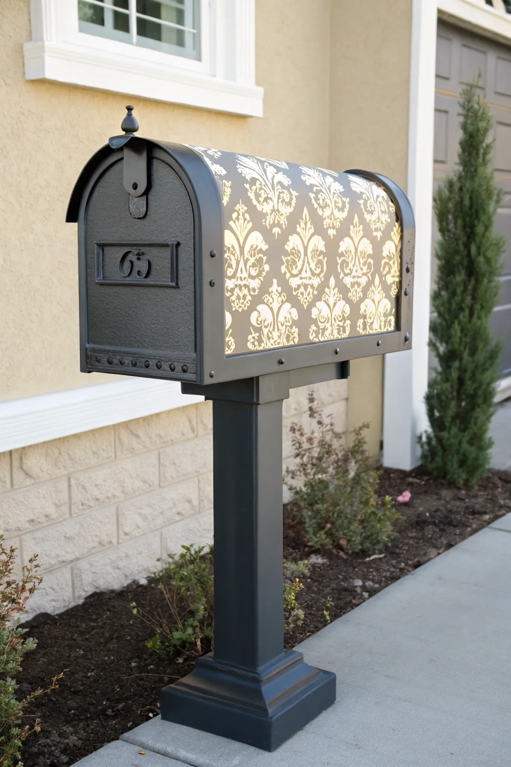 Deep charcoal mailbox with ivory damask stencil for high-contrast, minimalist boho curb appeal