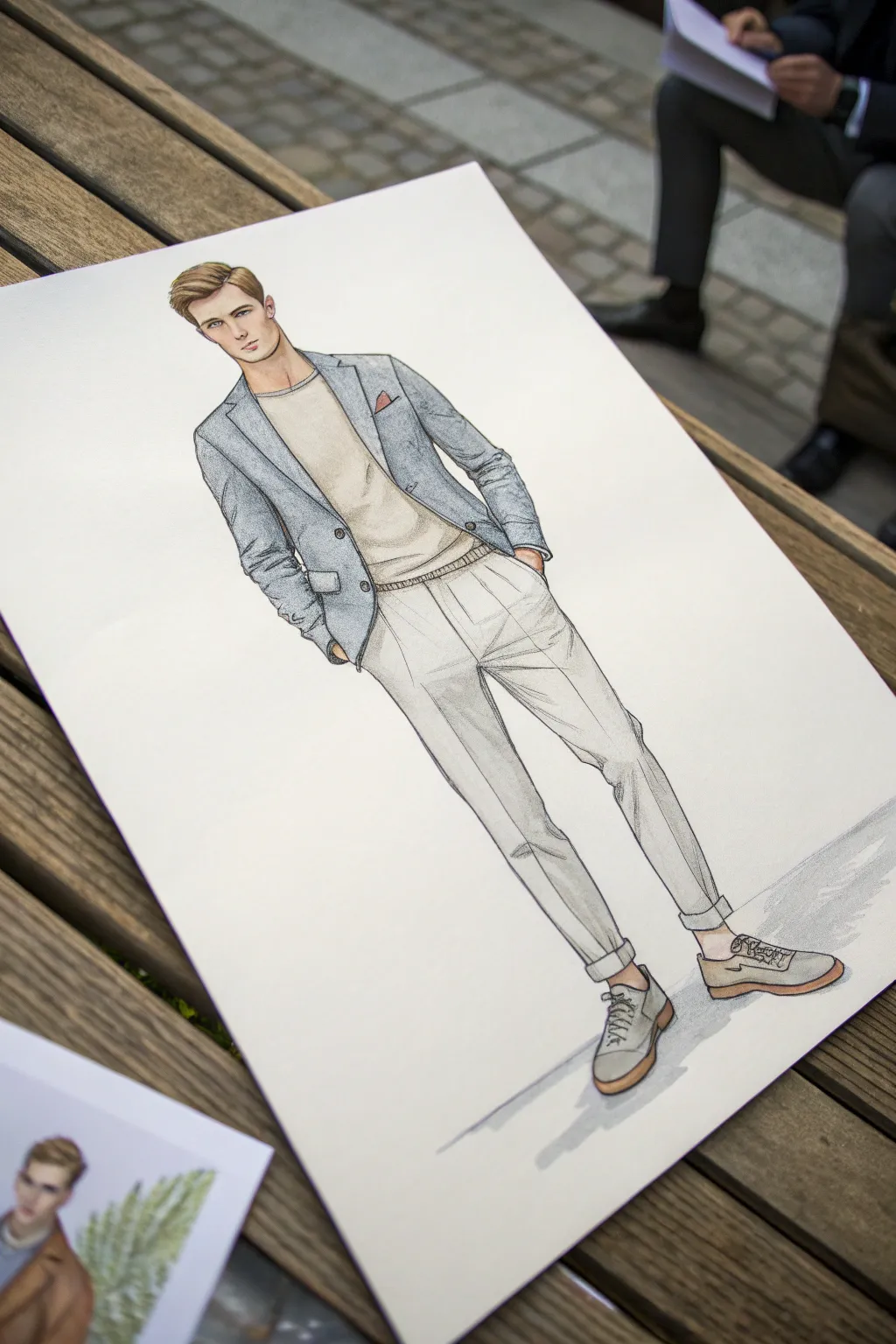 Blazer and tee combo sketch: crisp lapels, soft folds, slim pants in calm neutrals.