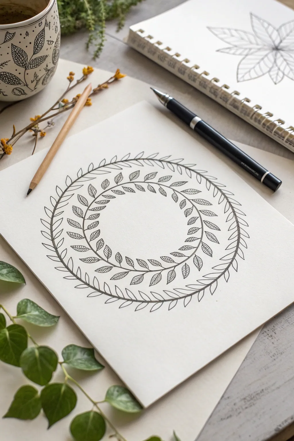 Minimalist mandala band of repeating leaves and a thin vine, crisp ink on warm paper