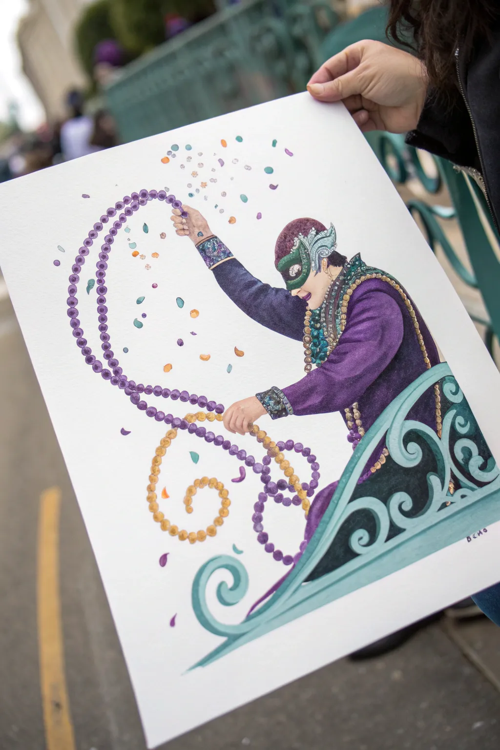 Parade float close-up painting idea: bold scrollwork, masked rider, and a shower of beads.