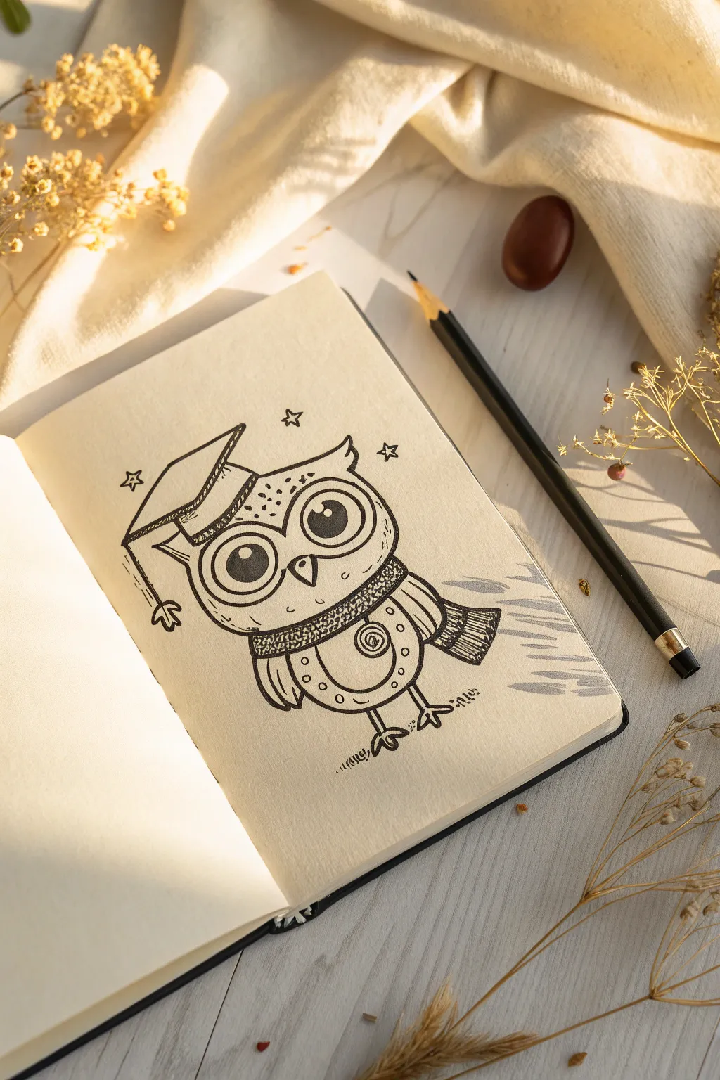 Wise owl scholar mascot with clean lines and oversized eyes, perfect for cute brand characters