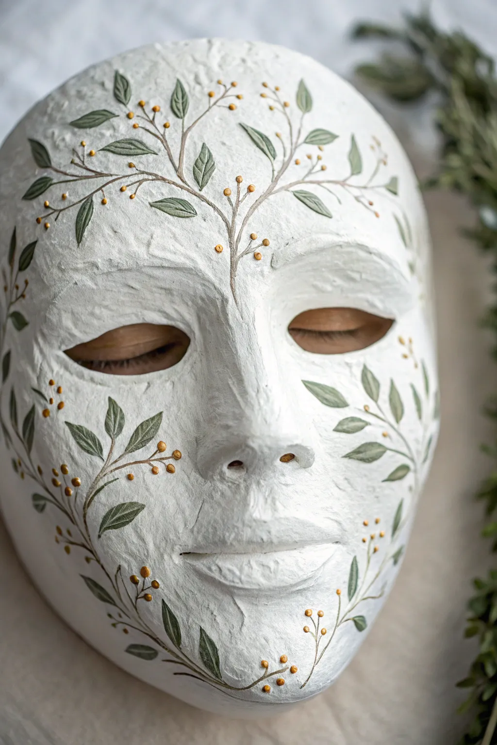 Minimalist mask painting with soft floral vines accenting cheekbones, calm and elegant.