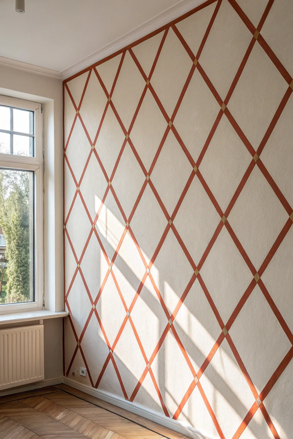 Crisp masking tape diamond grid with a single bold painted row for a clean graphic accent