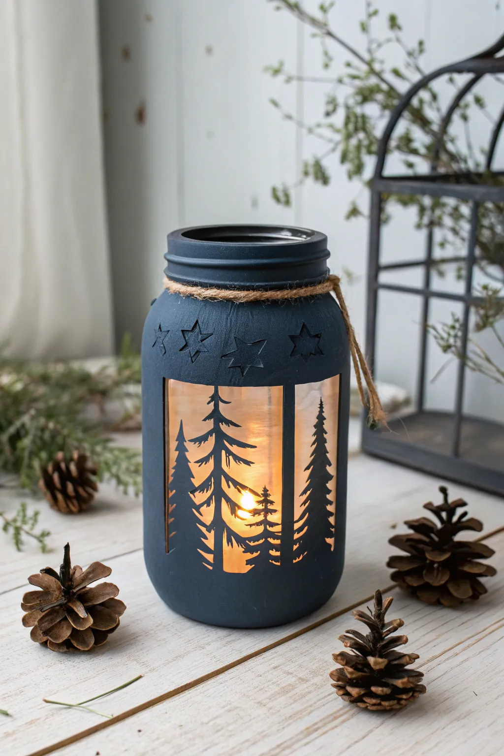 Painted mason jar lantern with glowing tree silhouette cutout, cozy minimalist boho vibe