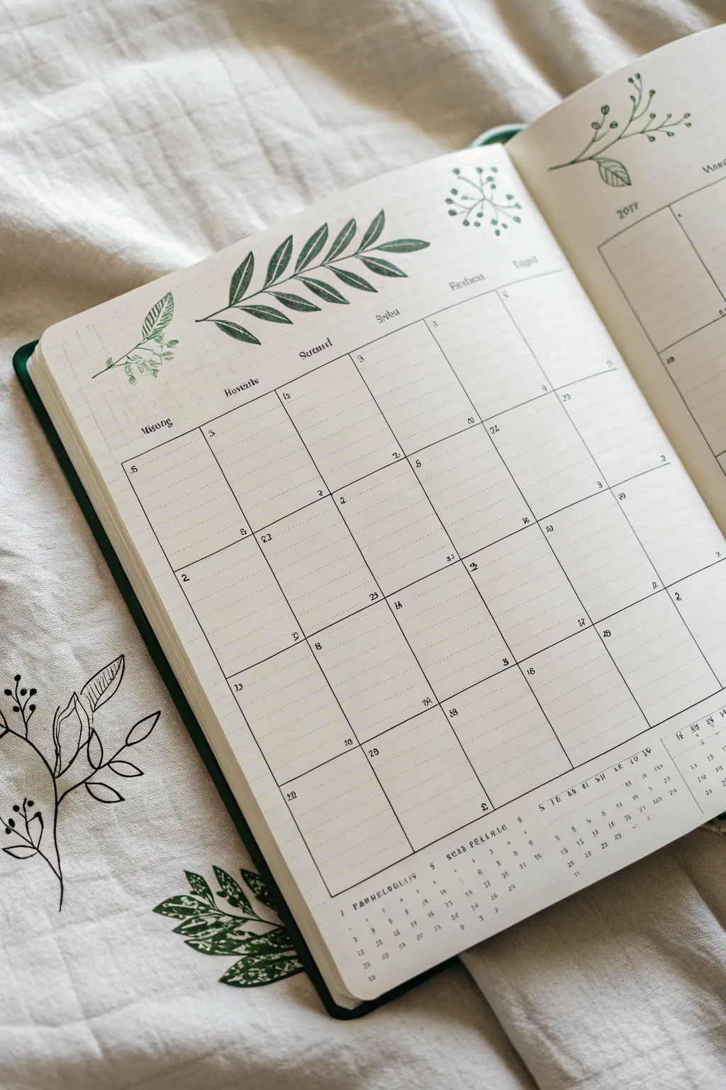 Minimal May-style calendar page with crisp leaf sketches and a soft sage green accent.