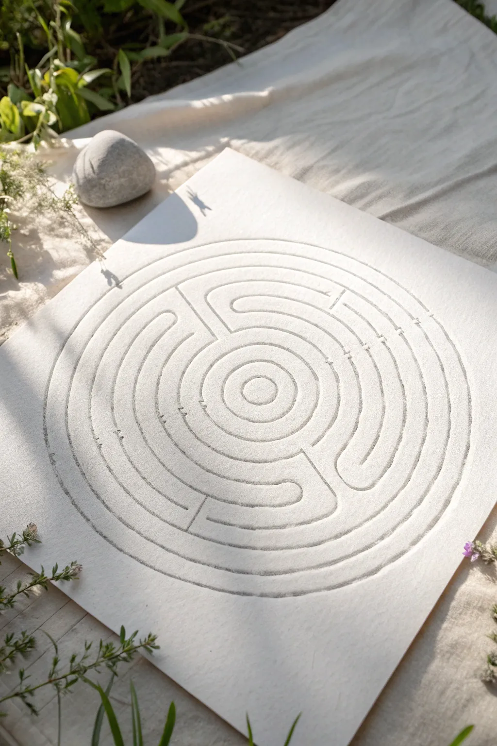 Calming single-path spiral labyrinth in soft pencil, with gentle shading and minimalist contrast