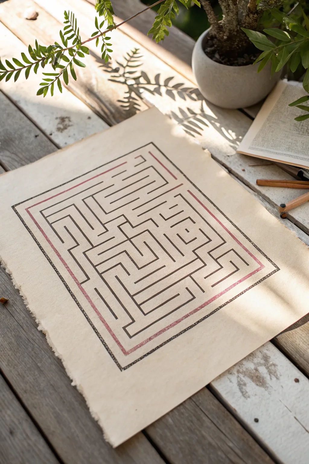 A minimalist maze where a whisper-soft blush dotted trail reveals the true path without giving it away.