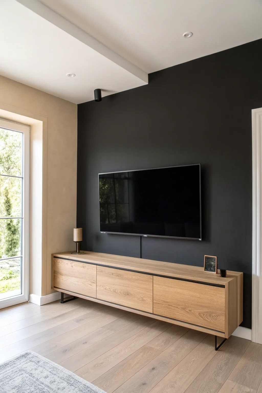 Dark screen wall with slightly lighter side walls creates a bold, cozy media-room focal point.