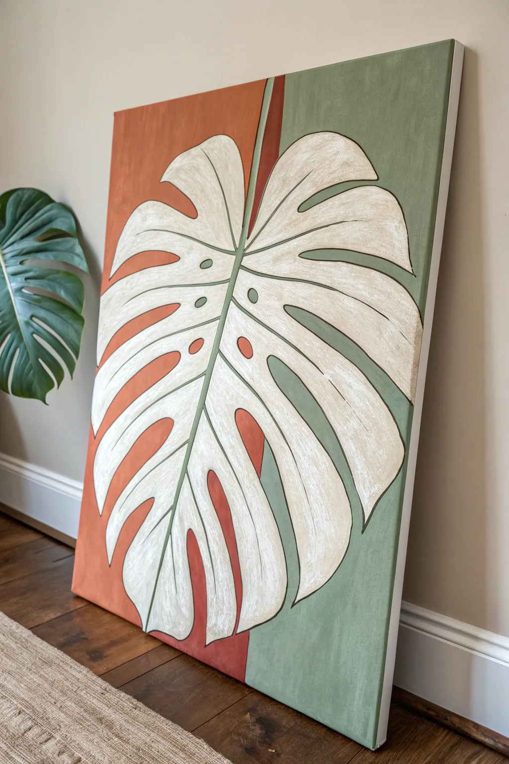 Big botanical leaf study with calm color blocking for an elegant medium canvas painting idea