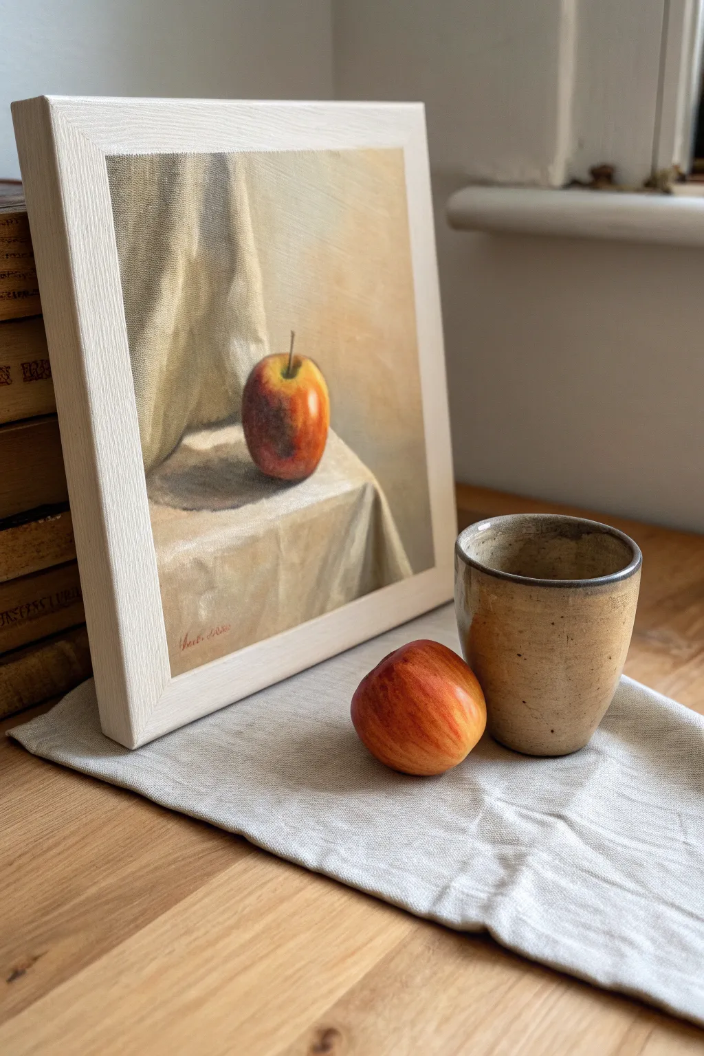 Oil still life with a limited palette: simple fruit and cup, dramatic shadows, soft blending