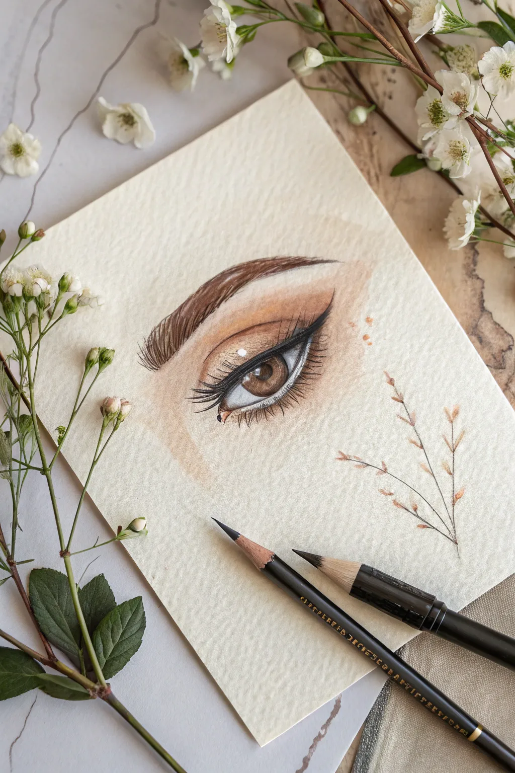 Minimalist drawing of a melting eye, smoky liner dripping into soft watercolor tears.