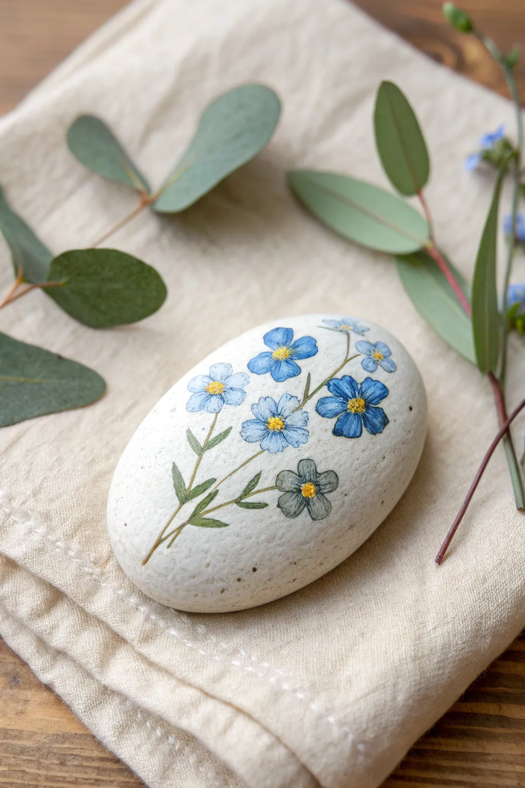 Delicate forget-me-not memorial stone painting in soft Scandinavian styling with natural blooms.