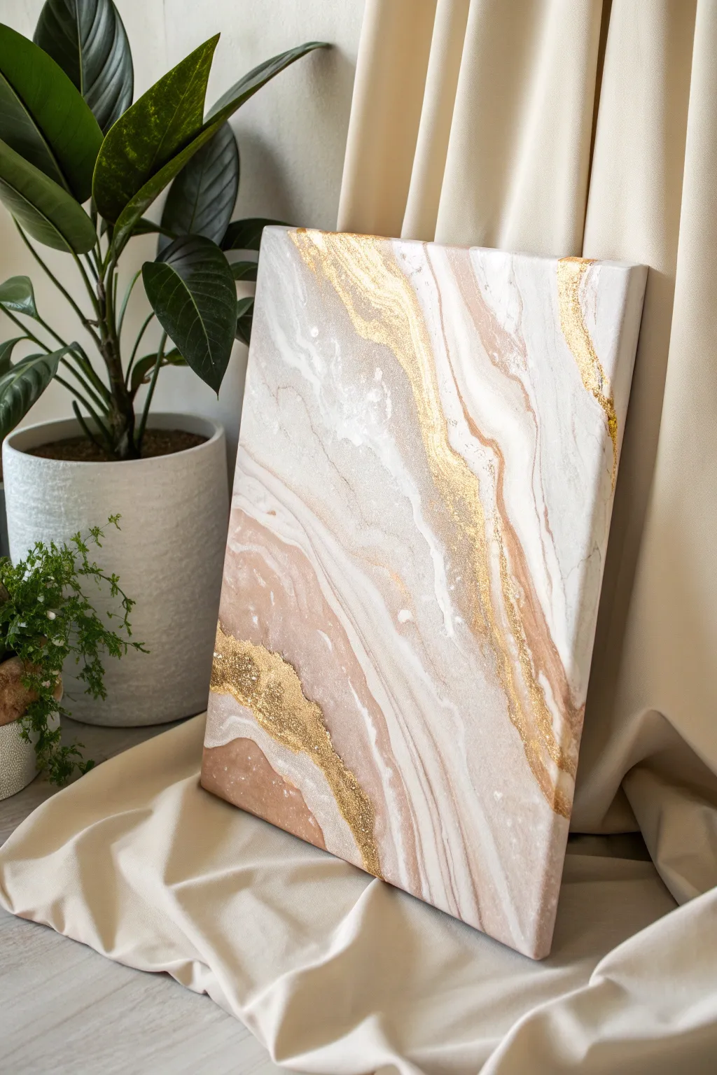 Matte neutrals meet glossy metallic drips for a minimalist pour with luminous, modern contrast.