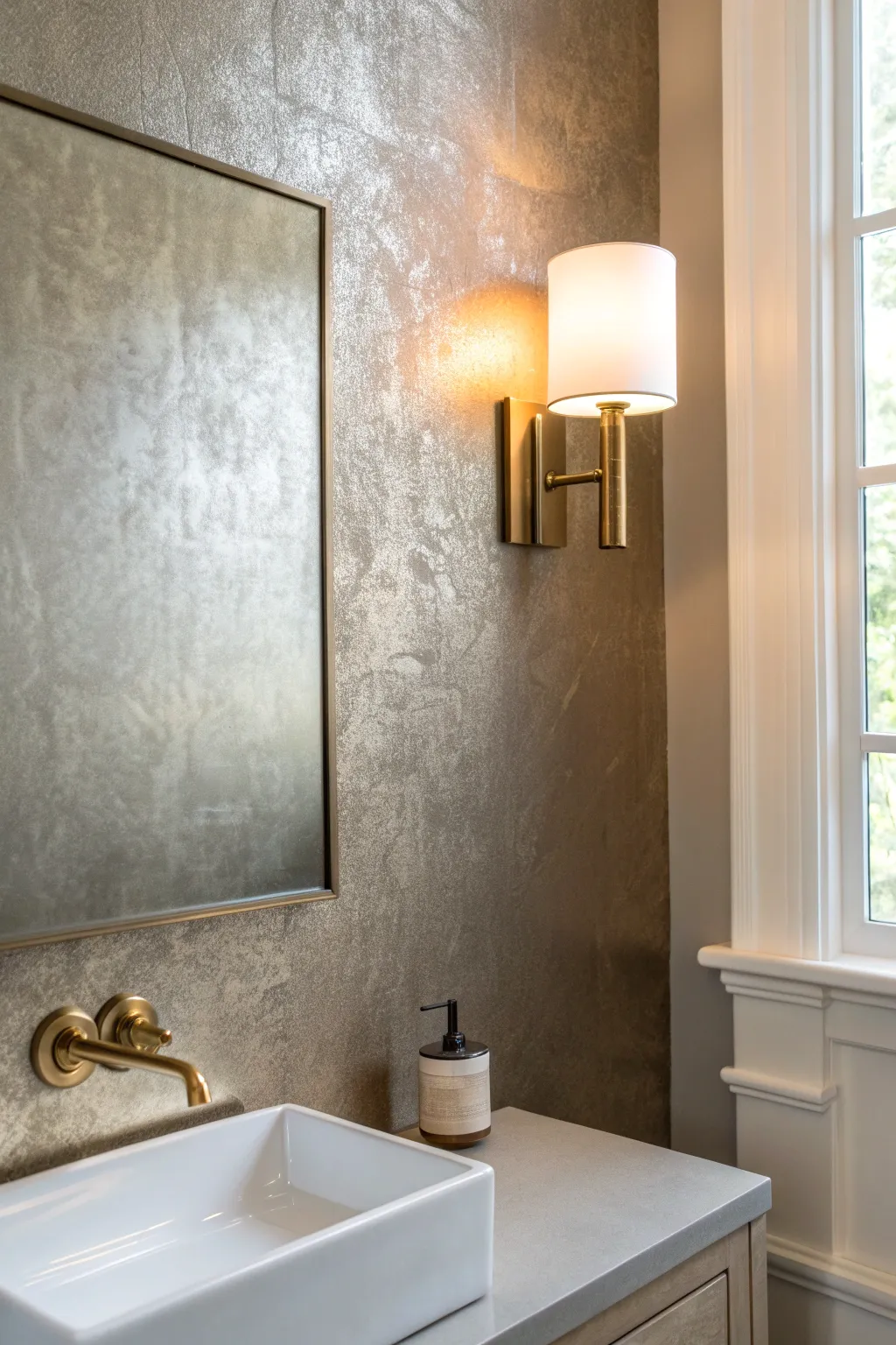 Smooth champagne metallic wall glow behind a minimal sink for an instant powder room upgrade.