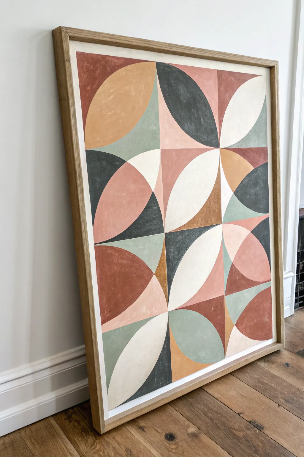 Balanced mid-century circles and arches in earthy tones, clean edges, modern boho calm.